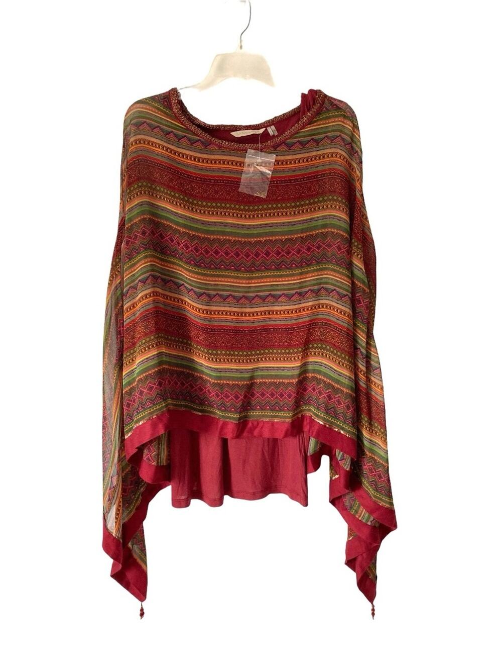 Soft Surroundings NWTs Bohemian Red Multi-Stripe Women’s Poncho Blouse large